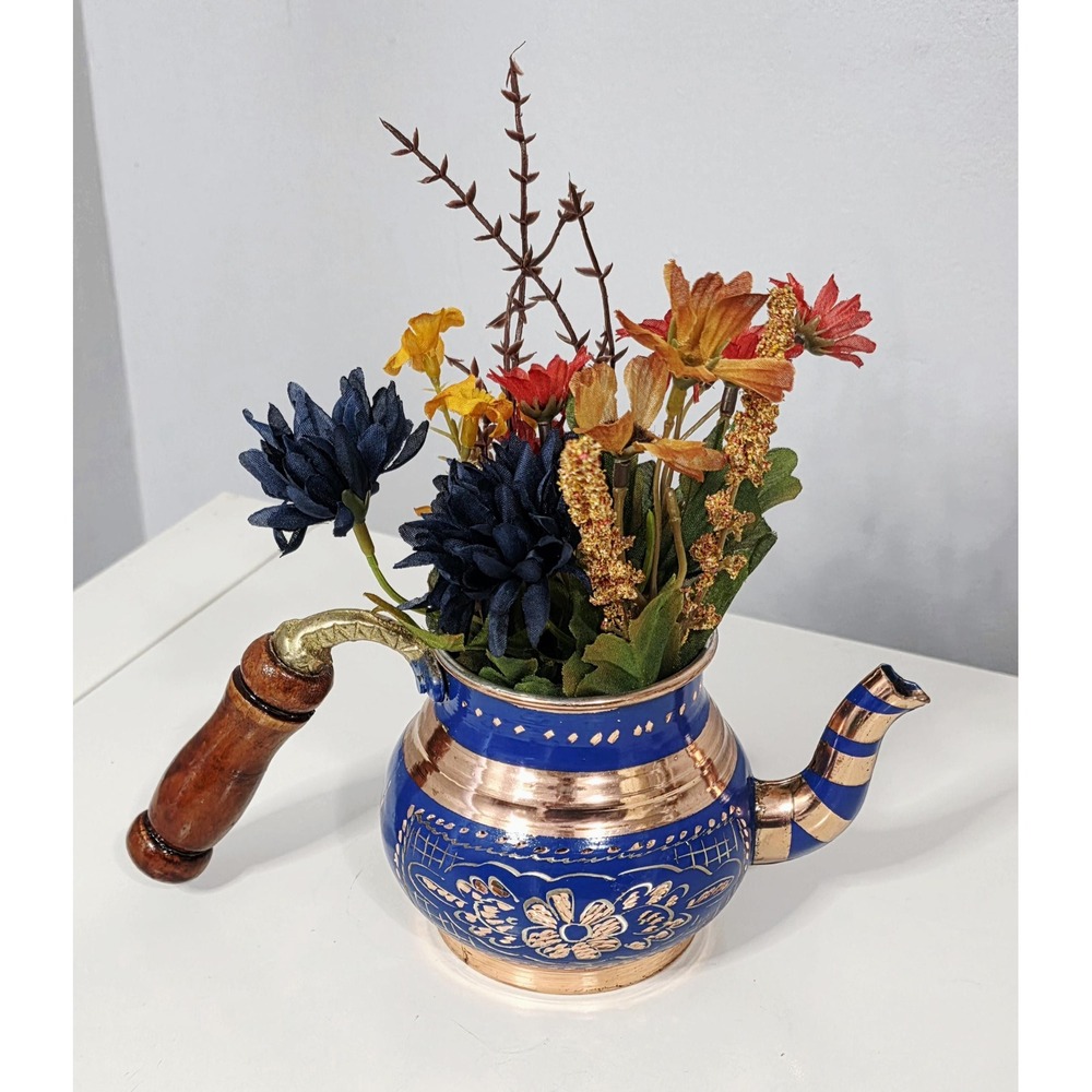 Vintage Mini Turkish Copper Teapot – Small Handcrafted Blue & Gold Floral Kettle